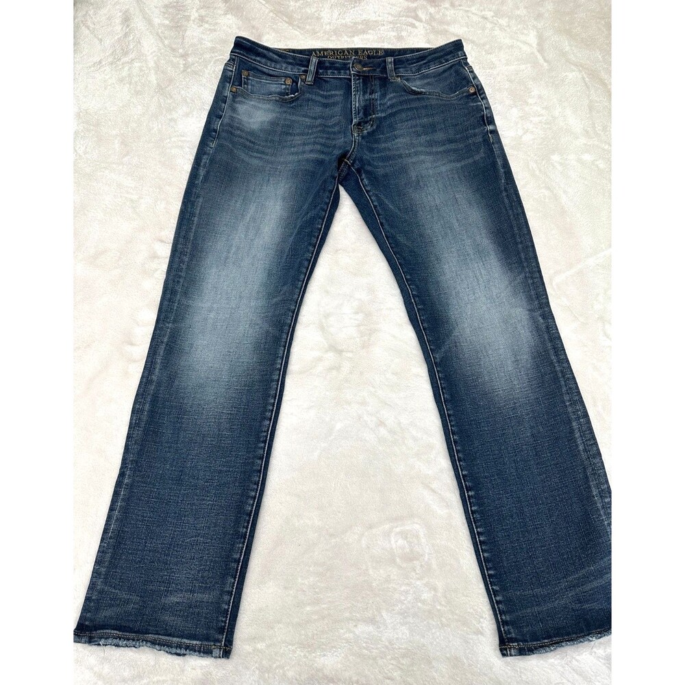 American Eagle 360 Extreme Flex Jeans Men Sz 32 Blue Straight Stretch Raw Hem